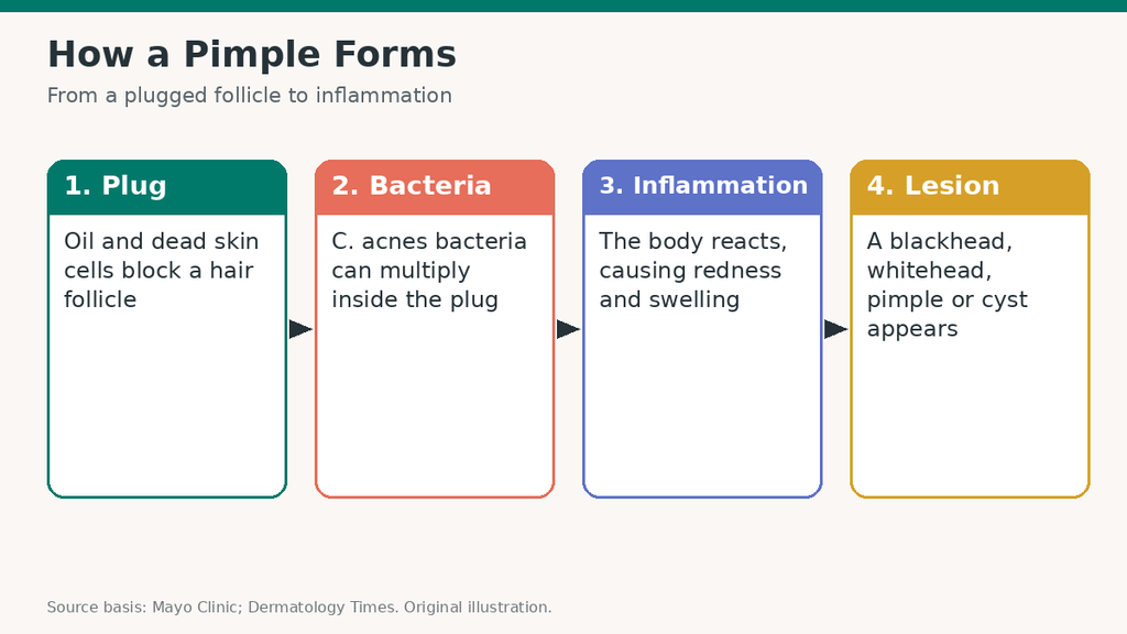 Four-step diagram showing how a pimple forms